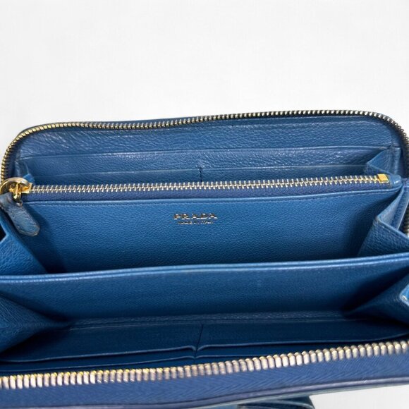 Women's Prada Saffiano Fiocco Leather Long Blue Zippered Ribbon Wallet - Picture 11 of 16